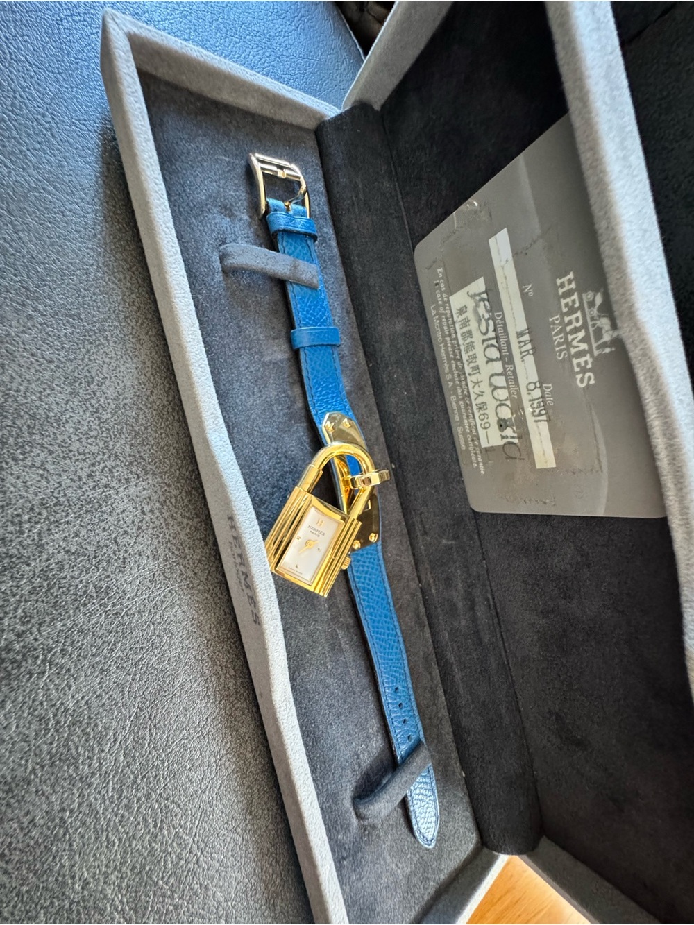 Hermès Blue Leather Kelly Padlock Watch with Gold Hardware